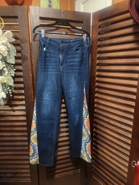 Old Navy Upcyled Dark Blue Jeans with Multicolor Aztec Side Panels